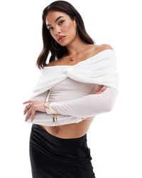 SNDY'S - Mesh Bardot Twist Overlay Detail Top - Lyst