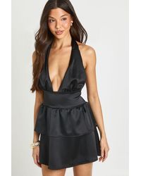 Boohoo - Satin Plunge Detail Ruffle Hem Mini Dress - Lyst