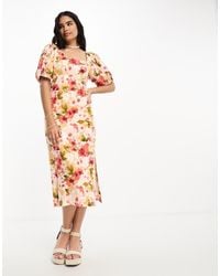 Moon River - Square Neck Puff Sleeve Midi Dress - Lyst