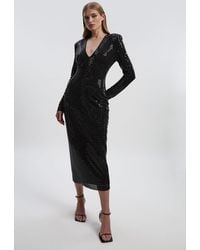 Karen Millen - Premium Crystal Embellished Jersey Long Sleeve Plunge Neck Midi Dress - Lyst