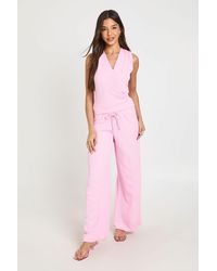 Boohoo - V Neck Wrap Over Deep Hem Top And Wide Leg Trouser Coord - Lyst