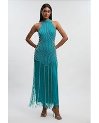 Karen Millen - Crystal Embellished Fringed Woven Midi Dress - Lyst