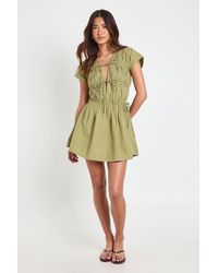 Boohoo - Cotton Poplin Shirred Front Tie Mini Dress - Lyst