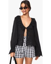 Boohoo - Ruffle Broderie Tie Detail Blouse - Lyst
