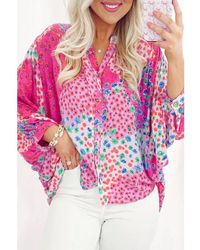 Azura Exchange - Roze Rode Bloemen Allover Print Knopshirt Met V-hals En Overmaat - Lyst