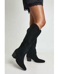 Boohoo - Wide Fit Knee High Heeled Faux Suede Western Cowboy Boots - Lyst
