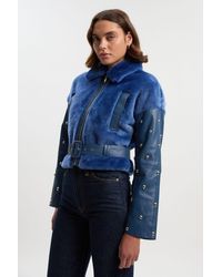Karen Millen - Shearling & Leather Mix Studded Biker Jacket - Lyst