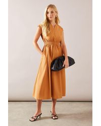 Wallis - Petite Textured Viscose Linen Shirred Waist Midi Dress - Lyst
