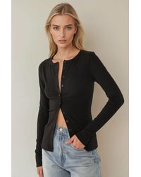 Hiccup - Crew Neck Button-Front Ribbed Knit Long Sleeve Cardigan Top - Lyst