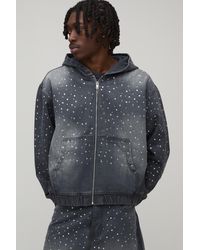 BoohooMAN - Washed Rhinestone Boxy Oversized Zip Up Denim Hoodie - Lyst