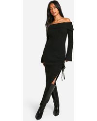 Boohoo - Petite Soft Cable Asymmetric Hem Bardot Maxi Dress - Lyst