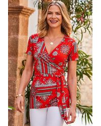 Sosandar - Scarf Print Tie Waist Wrap Top - Lyst