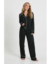 Boohoo - Petite Satin Piping Detail Long Sleeve Shirt & Pants Pyjama Set - Lyst