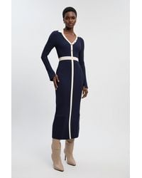 Karen Millen - Knit Rib With Contrast Waist Detail Collared Midi Dress - Lyst