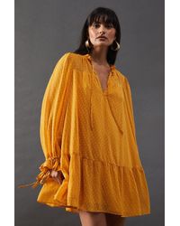 Warehouse - Dobby Chiffon Tie Neck Drop Hem Mini Smock Dress - Lyst
