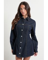Boohoo - Petite Long Sleeve Cinched Waist Denim Dress - Lyst