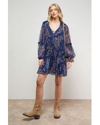 Oasis - Printed Chiffon Shirred Front Tie Neck Mini Dress - Lyst