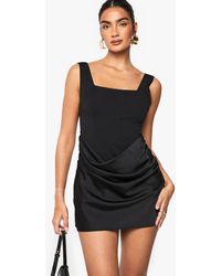 Boohoo - Satin Drape Jacquard Detail Square Neck Mini Dress - Lyst