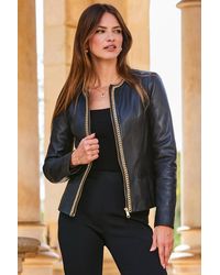 Sosandar - Round Neck Leather Jacket With Chain Detail - Lyst