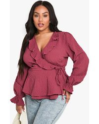 Boohoo - Plus Textured Tie Detail Wrap Ruffle Blouse - Lyst