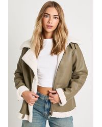 Boohoo - Teddy Trim Bonded Faux Leather Aviator Jacket - Lyst
