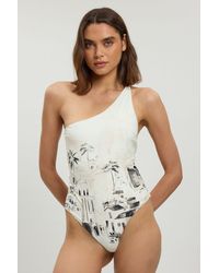 Karen Millen - Scenic Print One Shoulder Swimsuit - Lyst