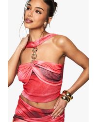 Boohoo - Printed Textured Mesh Halterneck Trim Detail Top - Lyst