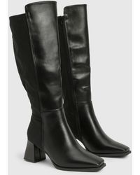 Boohoo - Wide Fit Stretch Knee High Flared Block Heeled Boots - Lyst