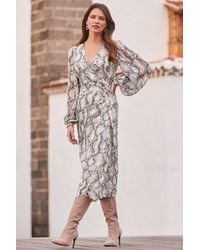 Sosandar - Snake Print Blouson Sleeve Wrap Midi Dress - Lyst