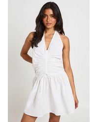 Boohoo - Cotton Poplin Halterneck Front Gathered Seam Skater Mini Dress - Lyst