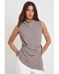 Boohoo - Hammered High Cowl Tie Side Drape Blouse - Lyst