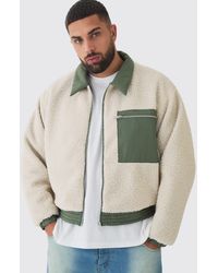 BoohooMAN - Plus Boxy Borg And Nylon Collared Bomber Jacket - Lyst