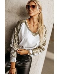 Azura Exchange - Sequin Patchwork V Neck Long Sleeve Top - Lyst