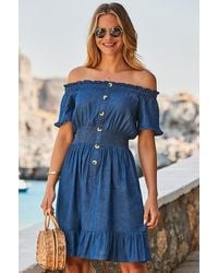 Sosandar - Dark Shirred Waist Bardot Denim Dress - Lyst