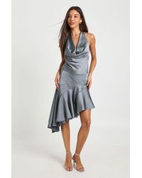 Boohoo - Satin Cowl Neck Asymmetric Hem Mini Dress - Lyst