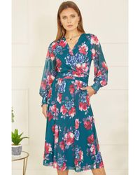 Yumi' - Green Floral Print Stretch Mesh Dress With Pockets - Lyst