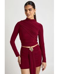 Boohoo - Double Layer Slinky High Neck Wrap Long Sleeve Top - Lyst