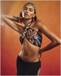 River Island - Crop Top Beaded Floral Halter Neck Viscose - Lyst