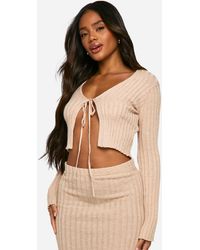 Boohoo - Rib Knit Tie Front Knitted Cardigan - Lyst