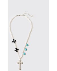 BoohooMAN - Gem And Cross Mock Pearl Necklace - Lyst
