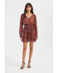 Hiccup - Abstract V Neck Buttoned Tiered Long Sleeve Mini Boho Dress - Lyst