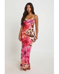 Boohoo - Abstract Print Sheer Mesh Cowl Neck Low Back Maxi Beach Dress - Lyst