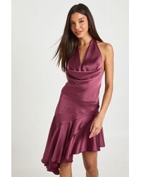 Boohoo - Satin Cowl Neck Asymmetric Hem Mini Dress - Lyst
