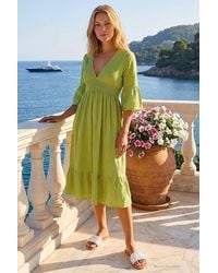 Roman - Linen Look Shirred Midi Dress - Lyst