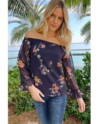 Sosandar - Print Sheer Sleeve Bardot Top - Lyst