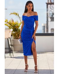 Sosandar - Cobalt Luxe Lace Bardot Midi Jersey Dress - Lyst