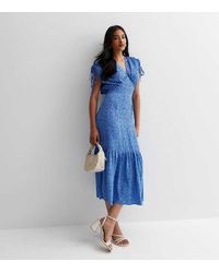 Gini London - Dierenprint Midi-jurk Met Gerimpelde Mouwen - Lyst