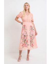 Wallis - Petite Floral Lace Button Midi Dress - Lyst
