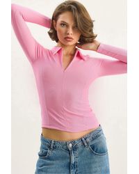 Bianco Lucci - Slim Fit Zipper Collar Blouse - Lyst