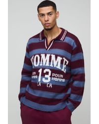 BoohooMAN - Homme Oversized V Neck Brushed Striped Knitted Polo - Lyst